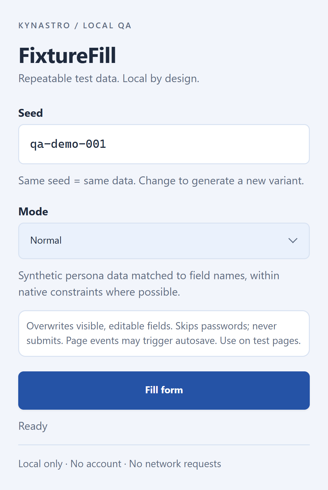 FixtureFill extension interface showing seed, mode and Fill form controls